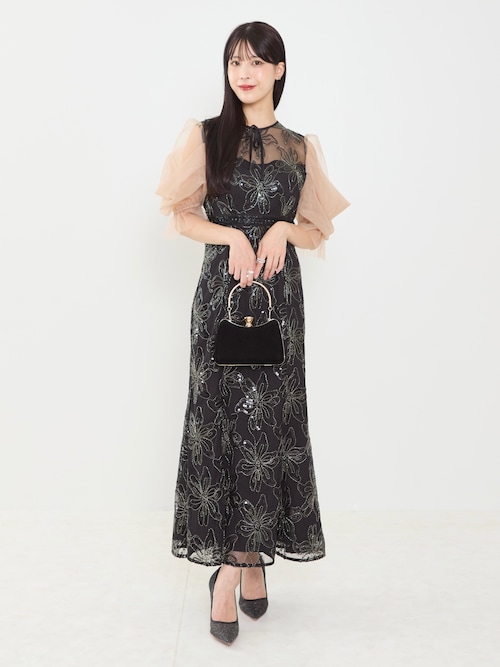 LEJA】スパンコールフラワーリボンチュールワンピースドレス