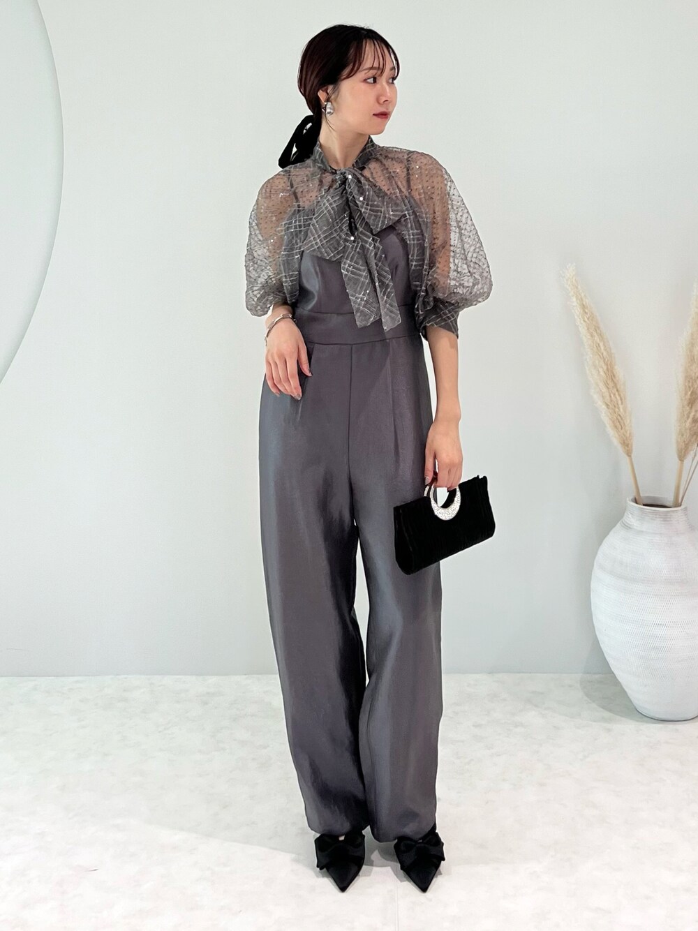 LEJA ドット柄スパンコールパフスリーブボレロオールインワンドレス S Leja パンツドレス 「LEJA」ドット柄スパンコールパフスリーブボレロ