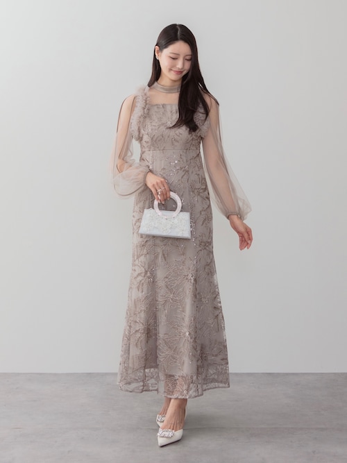 セール】【LEJA】フラワースパンコールチュールフリルロングスリーブ