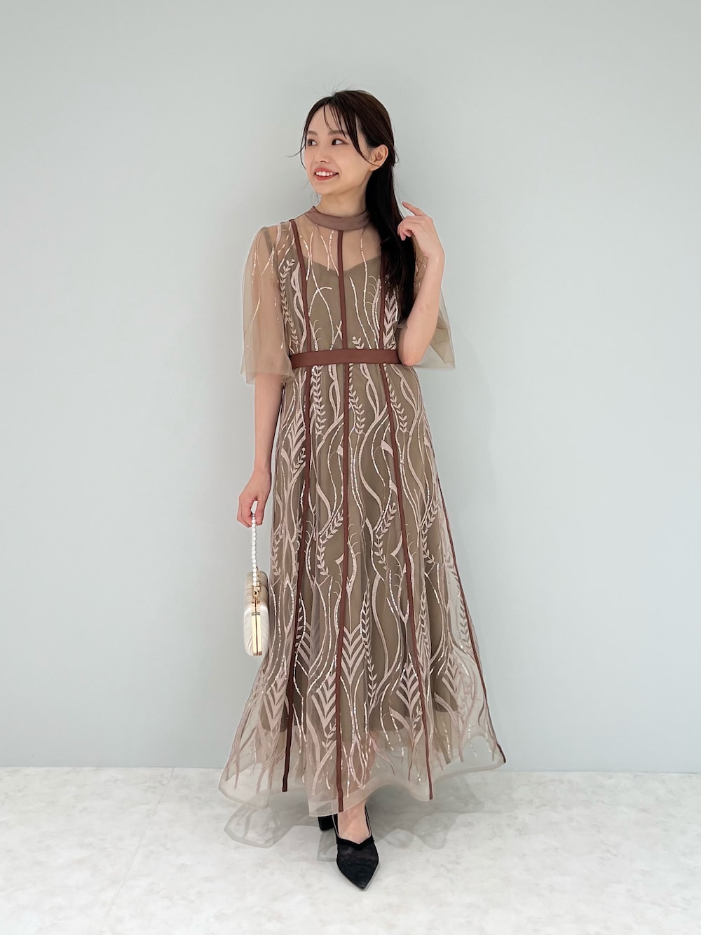 LEJA】スパンコール刺繍レースプチハイネックフリルロングドレス