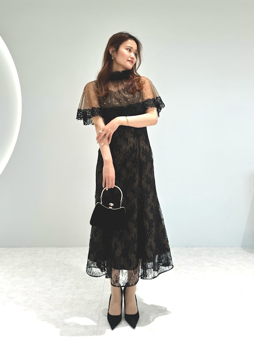 【Leja】ハイネック花柄レースウエストマーク透けロングドレスワンピース セール】【LEJA】ハイネック花柄レースマーメイドフレアロング