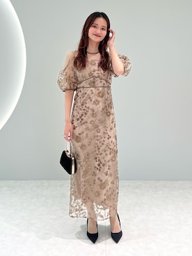 LEJA】フラワーディテールパフスリーブIラインワンピースドレス美脚