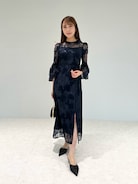 LEJA刺繡レースフレアIラインペンシルスカートロング丈ドレス レジャ Leja スパンコール刺しゅうレース透け感フレアスリーブ