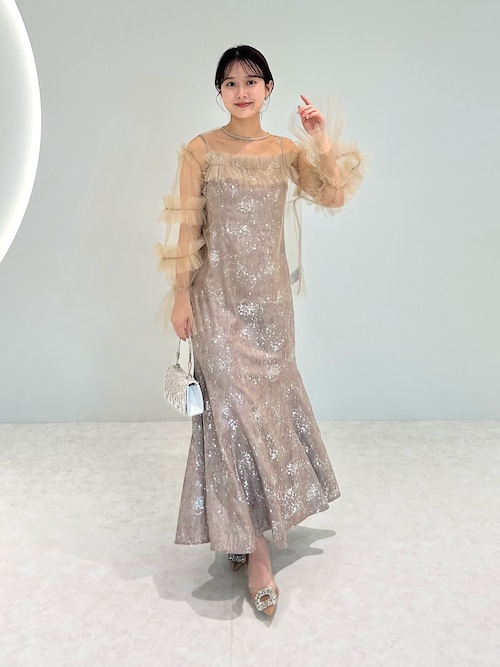 レジャ Leja チュールフリルペイントマーメイドドレスワンピース2点セット美脚効果結婚式 パーティードレス 成人式 二次会 同窓会 お呼ばれ オケー セール】【LEJA】チュールフリルペイントマーメイドドレス