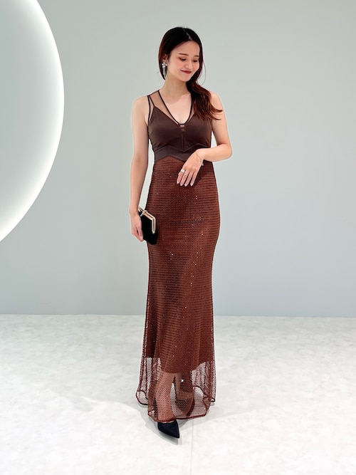 セール】【LEJA LUXE】VネックメッシュストーンIラインドレス