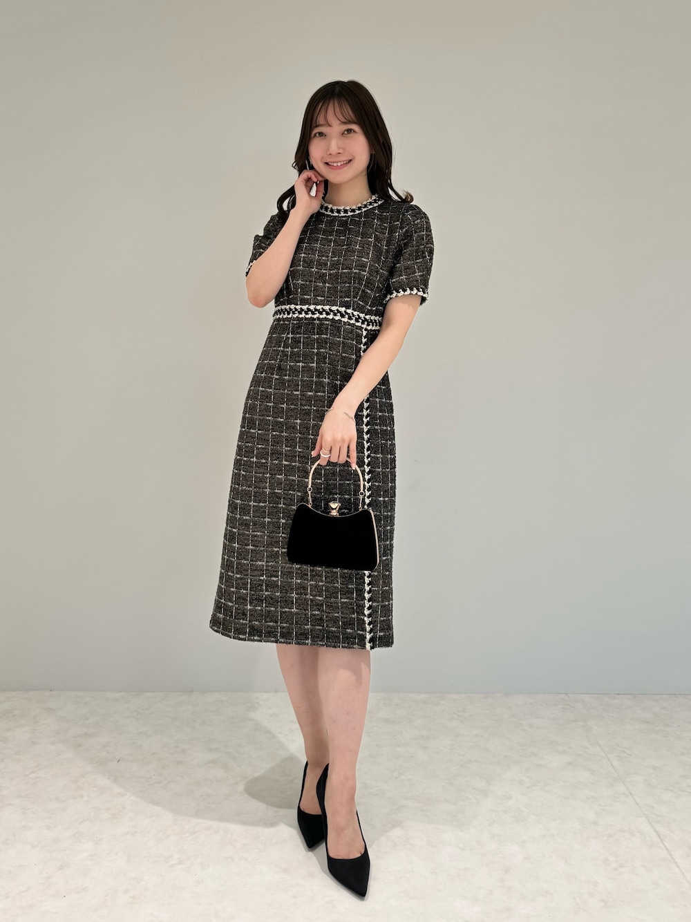 【新品】LEJA ツイード柄ハイウエストソフトパフスリーブ半袖ドレスワンピース Leja ドレス 「LEJA」ツイード柄ハイウエストソフトパフスリーブ