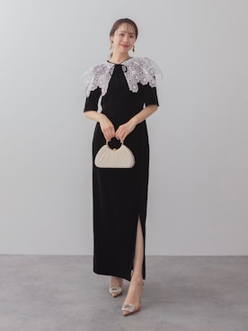 「Leja（レジャ）の【LEJA】レースカラーベロアIラインワンピースドレスセットアップドレス2点セット 美脚効果結婚式 パーティードレス 成人式 二次会 同窓会 お呼ばれ オケージョン 20代 30代（ドレス、ブラック系）」を使った、Lejaさん（レディース・153cm）の春コーディネート