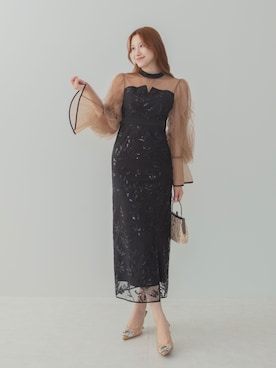 「Leja（レジャ）の【LEJA】パイピングチュールシアースリーブスパンコールフラワーIラインワンピースドレス美脚効果結婚式 パーティードレス 成人式 二次会 同窓会 お呼ばれ オケージョン 20代 30代（ドレス、ブラック系）」を使った、Lejaさん（レディース・153cm）の春コーディネート