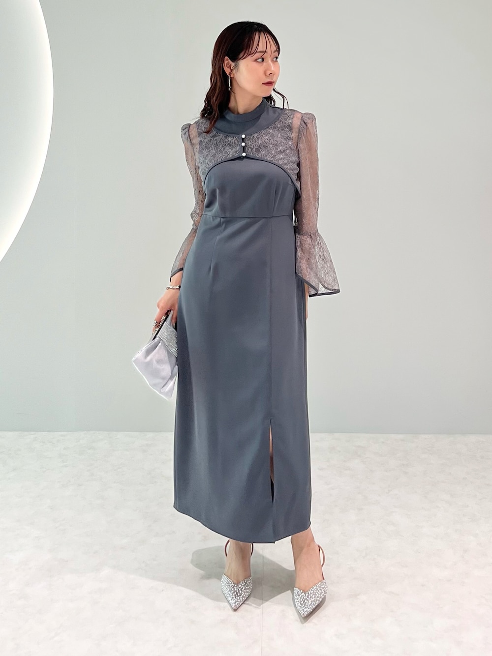 LEJA】花柄レースパールショートボレロスリットIラインドレス 2点