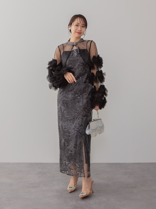 Leja ドレス 「LEJA」フリルチュールスリーブリボンIライン