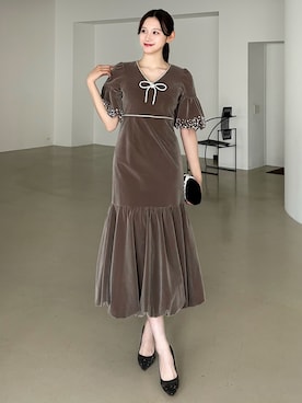 LEJA】パールストーンリボンベロアギャザードレス 2点セット美脚効果