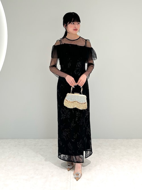 【LEJA】2WAYアシンメトリーフリルチュールフラワーIラインワンピースドレス Leja｜LEJA-2WAYアシンメトリーフリルチュールフラワーIライン