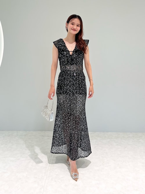 【未使用】Leja パーティドレス Leja ドレス 「LEJA」花柄刺繍レースチュールパフスリーブ