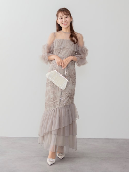 【Leja】フラワースパンコールチュールフリルスリーブIラインワンピース Leja｜Leja-フラワースパンコールチュールフリルスリーブIライン