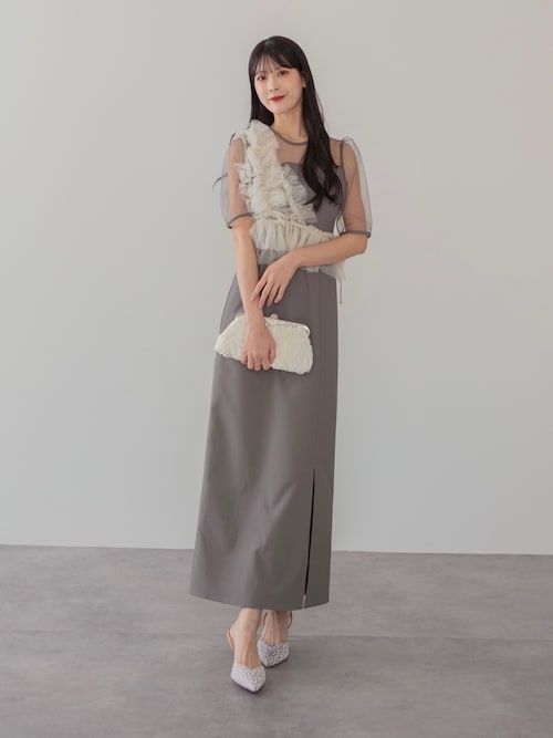 アシンメトリーフリルチュールIラインワンピースドレス結婚式パーティー成人式二次会 LEJA】アシンメトリーフリルチュールIラインワンピースドレス2点セット