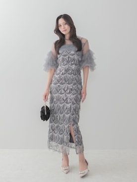 「Leja（レジャ）の【LEJA】フリルチュールボレロフリンジスパンコールIラインワンピースドレス2点セット美脚効果結婚式 パーティードレス 成人式 二次会 同窓会 お呼ばれ オケージョン 20代 30代（ドレス、ブルー系）」を使った、Lejaさん（レディース・153cm）の春コーディネート