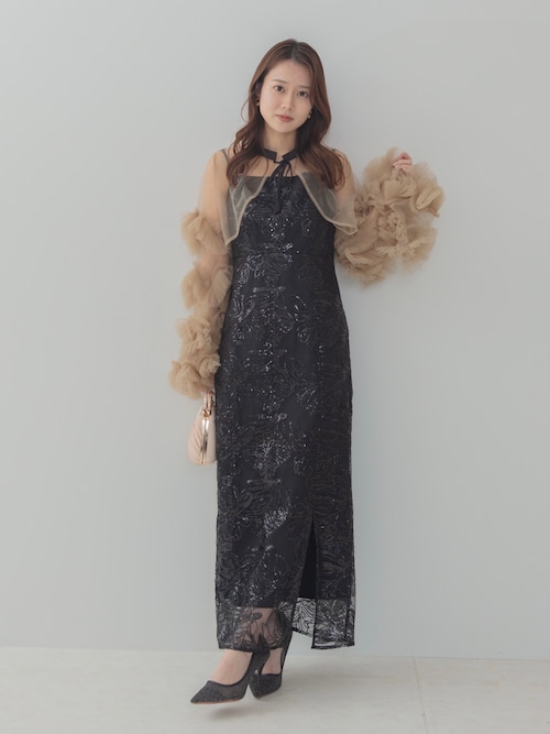LEJA】フリルチュールスリーブリボンIラインワンピースドレス2点セット