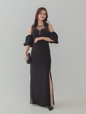 「Leja（レジャ）の【LEJA LUXE】サイドレースシアーデコルテパフスリーブスリットドレスワンピース美脚効果結婚式 パーティードレス 成人式 二次会 同窓会 お呼ばれ オケージョン 20代 30代（ドレス、ブラック系）」を使った、Lejaさん（レディース・153cm）の春コーディネート