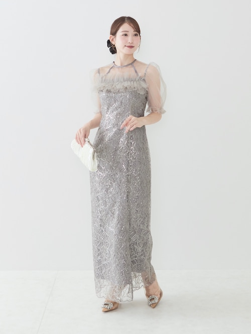 LEJA】チュールフラワースパンコールIラインワンピースドレス美脚効果