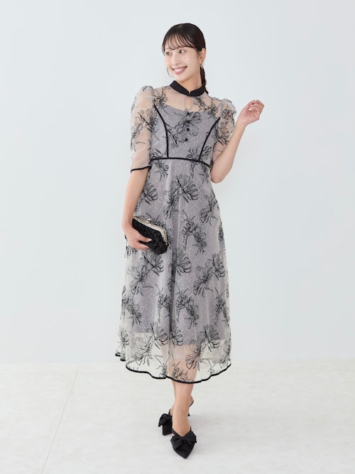 セール】【LEJA】配色パイピングプチハイネック花柄刺繍ラメレース