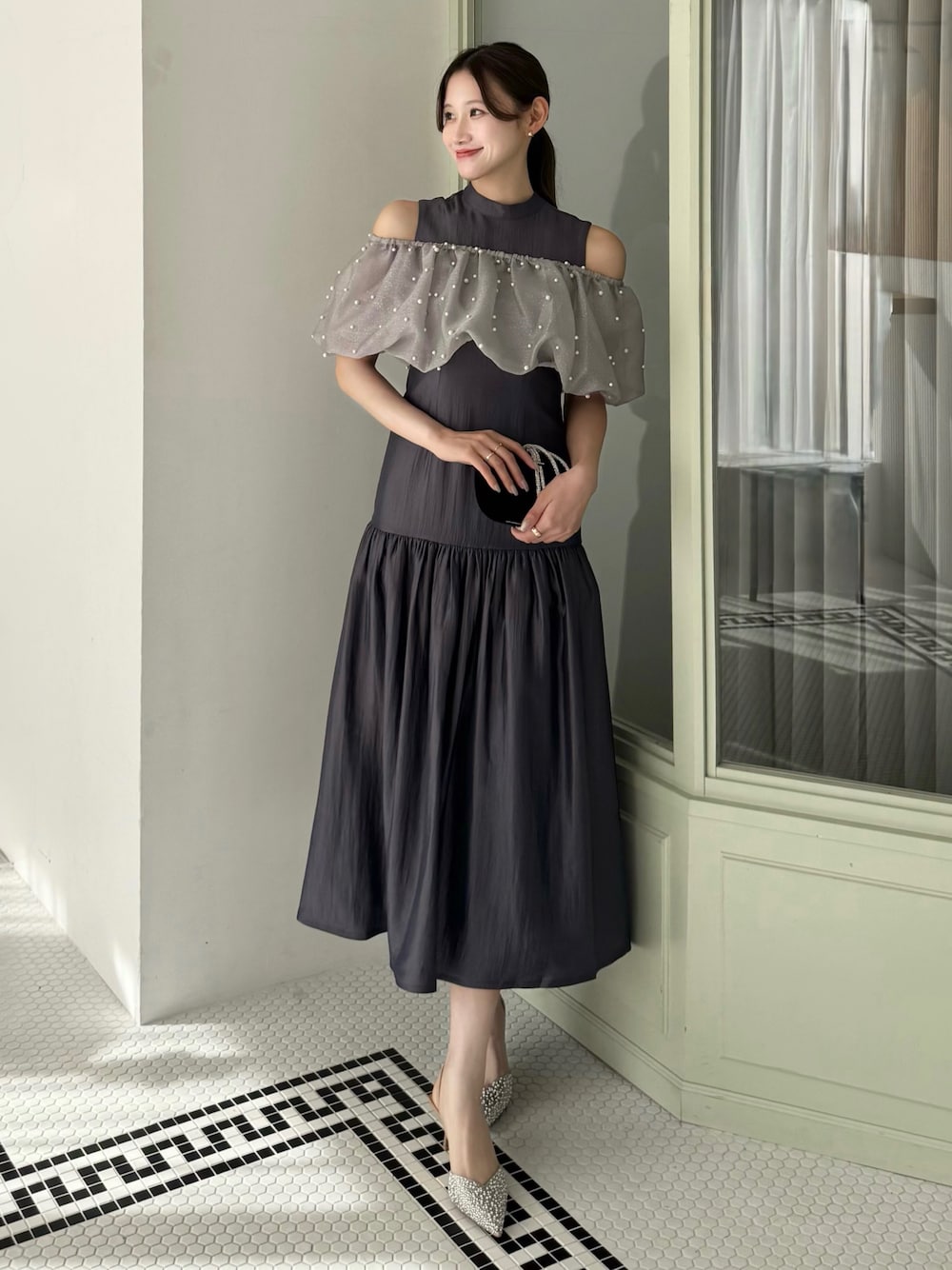 【LEJA】パールラメボレロオフショルダーAラインドレスワンピース 2点セット LEJA】パールラメボレロオフショルダーAラインドレスワンピース 2点