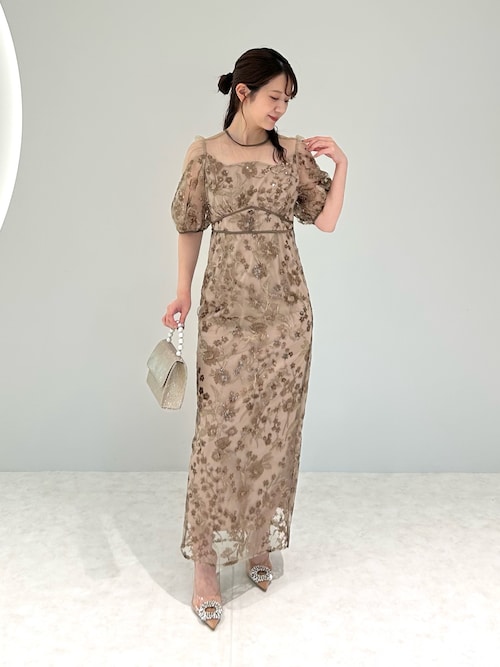 セール】【LEJA】フラワーディテールパフスリーブIラインワンピース