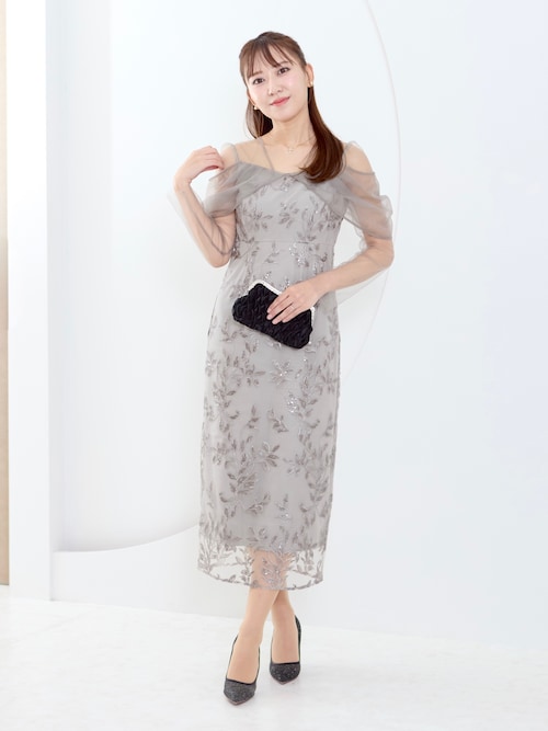 LEJA】チュールロングスリーブリーフIラインドレスワンピース