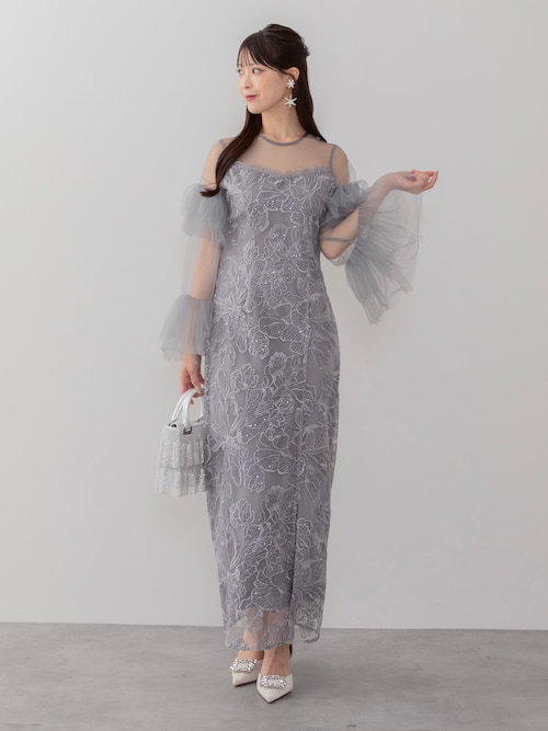 セール】【LEJA】フリルチュールスリーブレースIラインワンピース