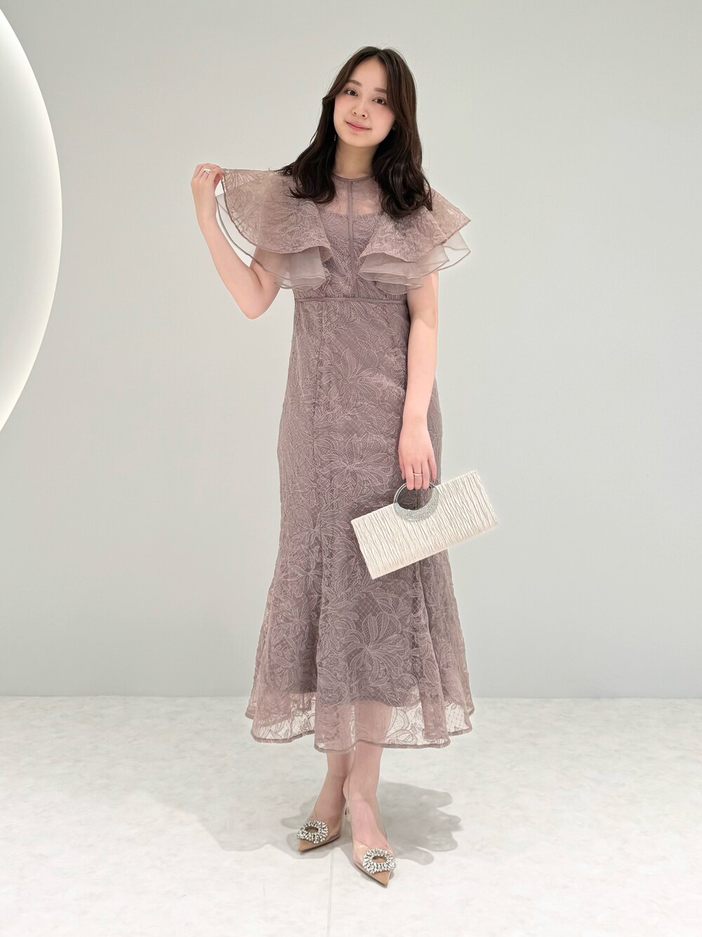 LEJAフリル半袖シアーレース花柄刺繍ウエストマークマーメイドロングドレス Leja（レジャ）の「【LEJA】フリル半袖シアーレース花柄刺繍