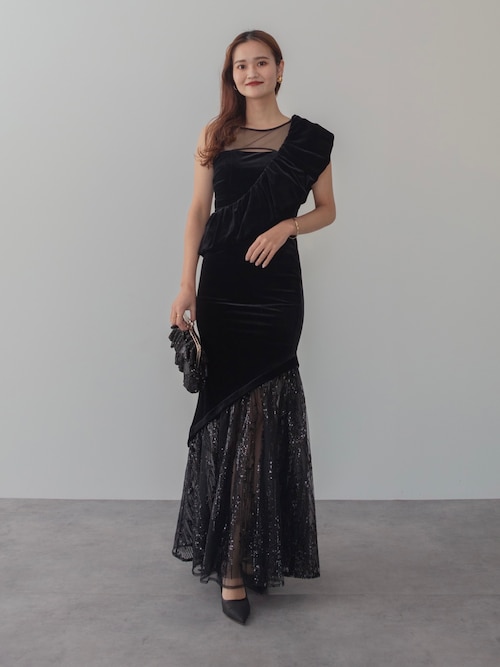 セール】【LEJA LUXE】2WAYアシンメトリーフリルベロアマーメイド