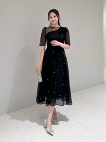 LEJA】パールアシンメトリーローズモチーフAラインドレス