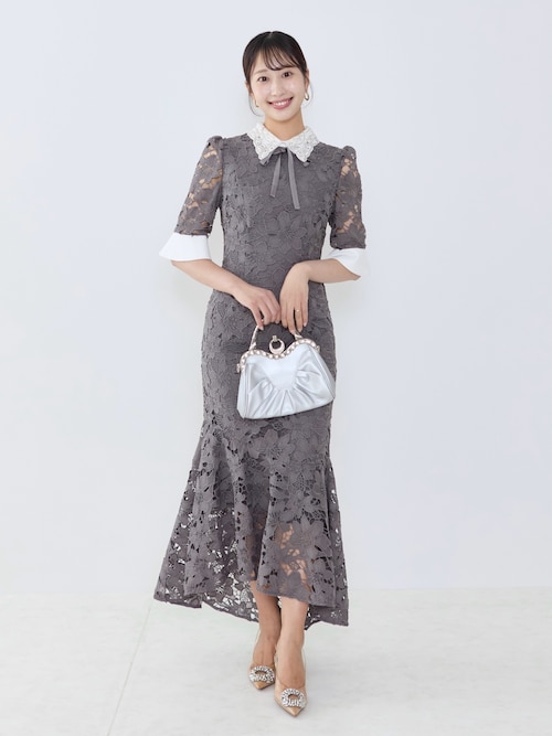 Leja パールカラーボウタイフラワーレースフィッシュテールワンピースドレス セール】【LEJA】パールカラーボウタイフラワーレースフィッシュテール