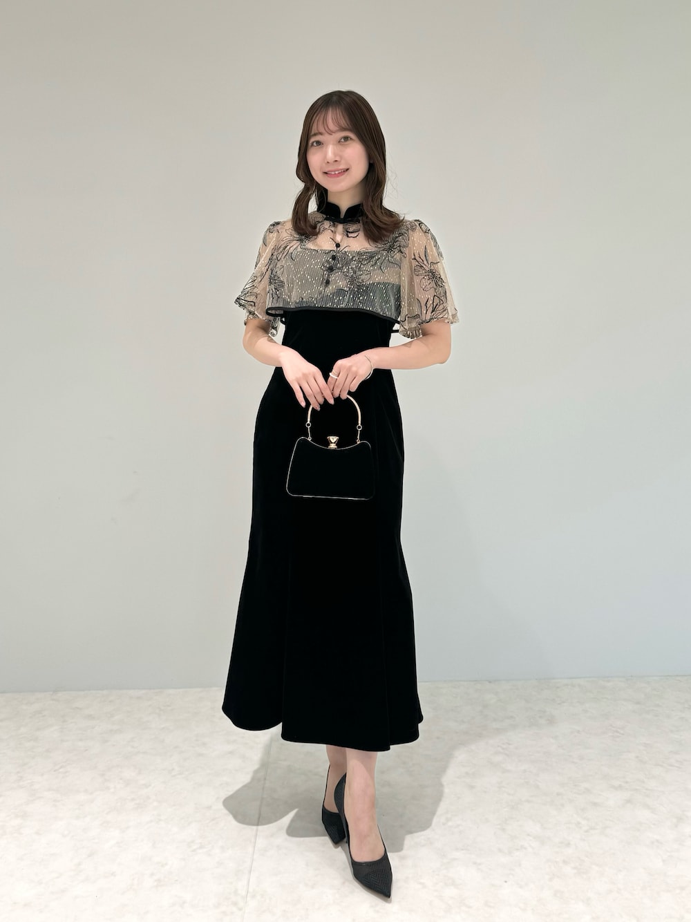 Leja 配色パイピング花柄刺繍ボレロ付きベロアマーメイドキャミワンピース