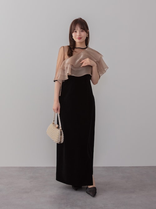 LEJA】アシンメトリーティアードフリル3WAYベロアIラインドレス