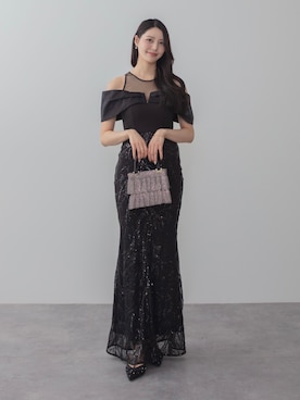 「Leja（レジャ）の【LEJA LUXE】シースルーオフショルダーデザインスパンコールマーメイドドレスワンピース美脚効果結婚式 パーティードレス 成人式 二次会 同窓会 お呼ばれ オケージョン 20代 30代（ドレス、ブラック系）」を使った、Lejaさん（レディース・153cm）の春コーディネート