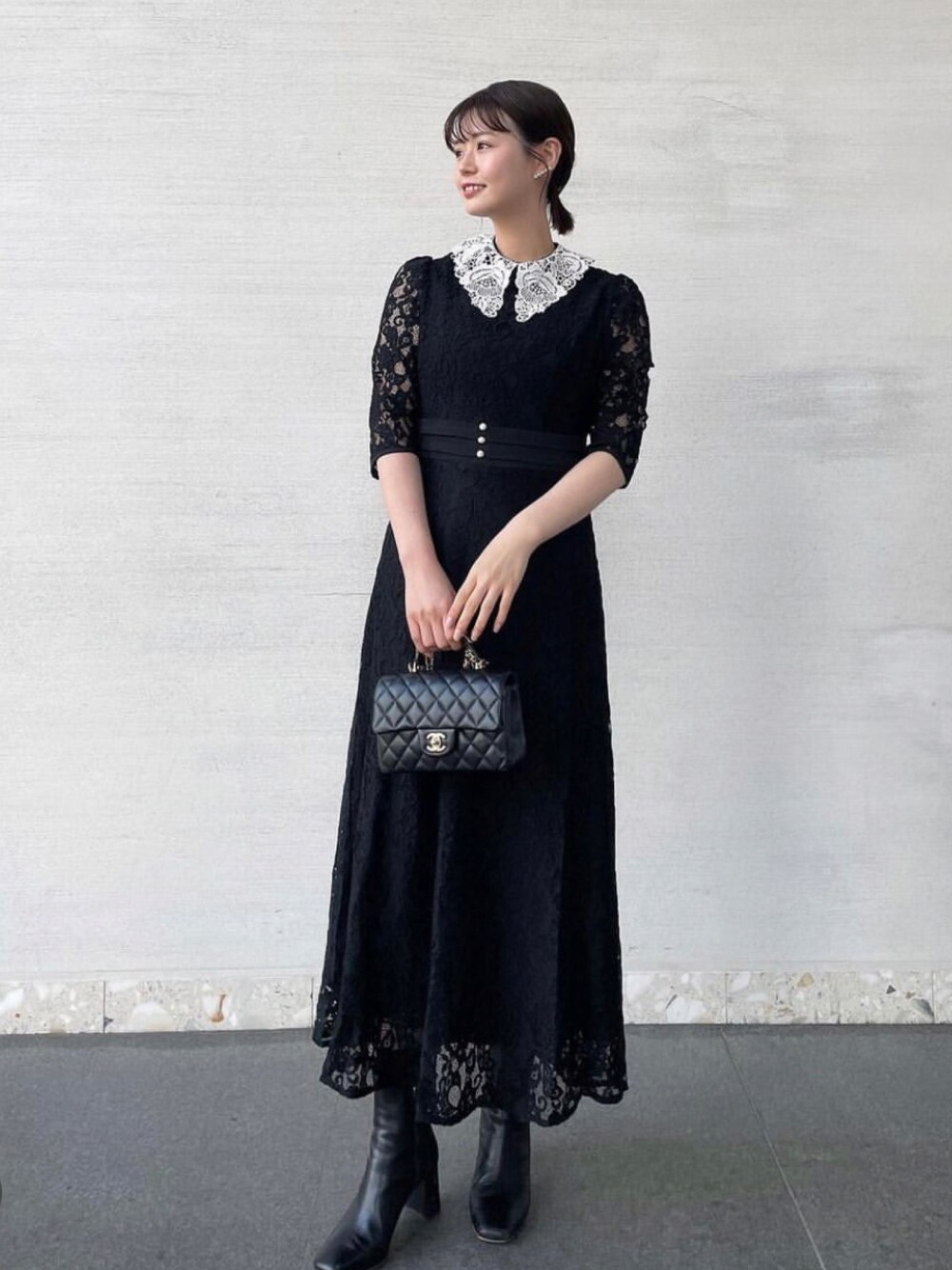 LEJA leja レースビッグカラー花柄刺繍ロングフレアドレスワンピース レジャ Leja レースビッグカラー花柄刺繍ウエストマークロングフレ