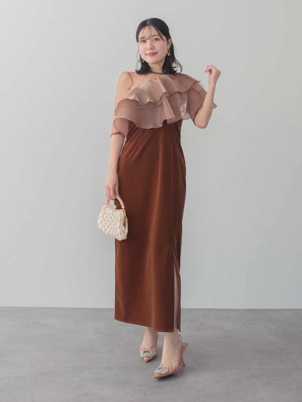 LEJA】アシンメトリーティアードフリル3WAYベロアワンピース