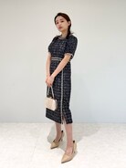 LEJA】ツイード柄ハイウエストソフトパフスリーブ半袖ドレスワンピース