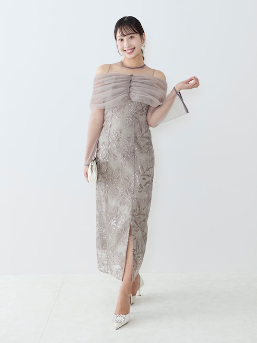 LEJA】チュールオフショルダー花柄Iラインドレスワンピース 2点セット