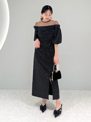 ドットストーンパフスリーブスリットIラインドレス結婚式パーティー成人式デート 当日発送】ドットストーンパフスリーブスリットIライン