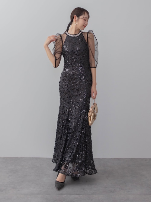 LEJA】ビジューネックスパンコールシアーマーメイドワンピースドレス