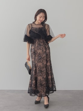 「Leja（レジャ）の【LEJA】チュールフリルスリーブスパンコールフラワーマーメイドワンピースドレス2点セット美脚効果結婚式 パーティードレス 成人式 二次会 同窓会 お呼ばれ オケージョン 20代 30代（ドレス、ブラック系）」を使った、Lejaさん（レディース・153cm）の春コーディネート