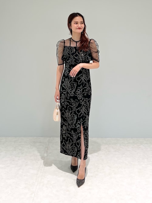 ドットチュールフラワースパンコールIラインワンピースドレス結婚式パーティー成人式 一部当日発送】ドットチュールフラワースパンコールIライン