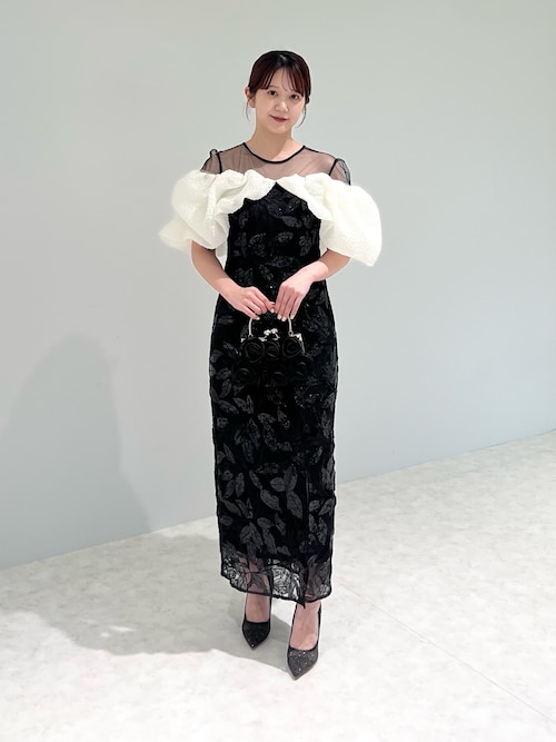 leja ジャガードボリュームスリーブスパンコールIラインワンピースドレス セール】【LEJA】ジャガードボリュームスリーブスパンコールIライン