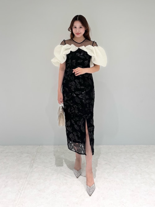 leja ジャガードボリュームスリーブスパンコールIラインワンピースドレス セール】【LEJA】ジャガードボリュームスリーブスパンコールIライン