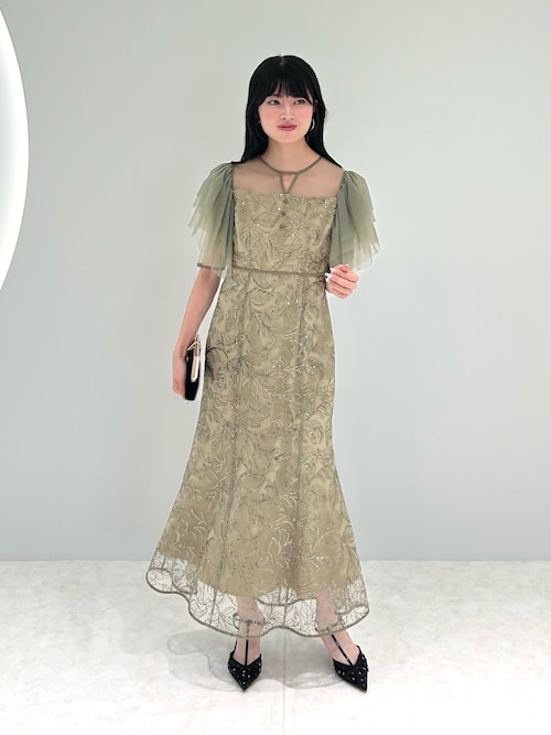 leja お呼ばれドレス　M Leja ドレス 「LEJA」花柄刺繍レースチュールパフスリーブ
