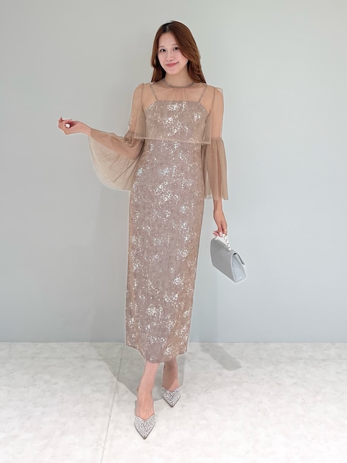 LEJA】シアーチュールベルスリーブペイントIラインワンピースドレス2点