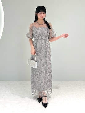 LEJA】フラワーディテールパフスリーブIラインワンピースドレス美脚