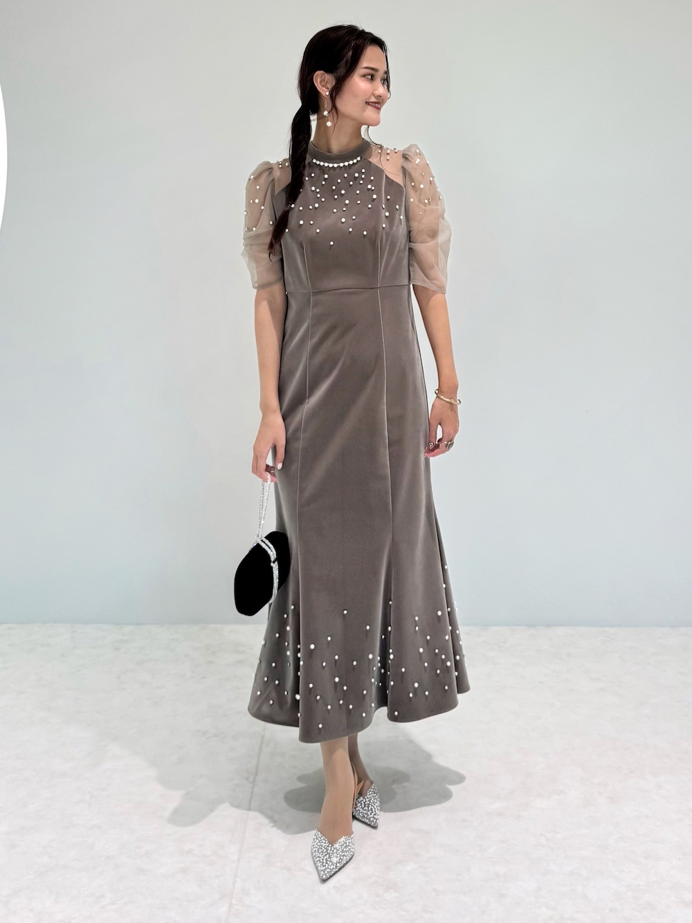 LEJA】シアースリーブパールビジューベロアマーメイドドレスワンピース