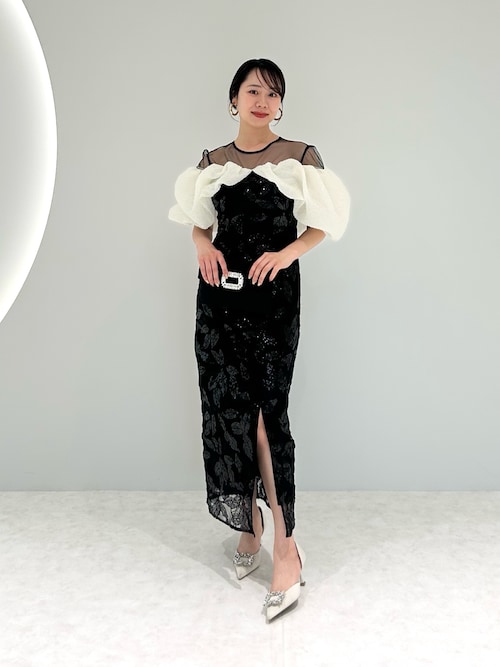 leja ジャガードボリュームスリーブスパンコールIラインワンピースドレス Leja｜LEJA-ジャガードボリュームスリーブスパンコールIライン